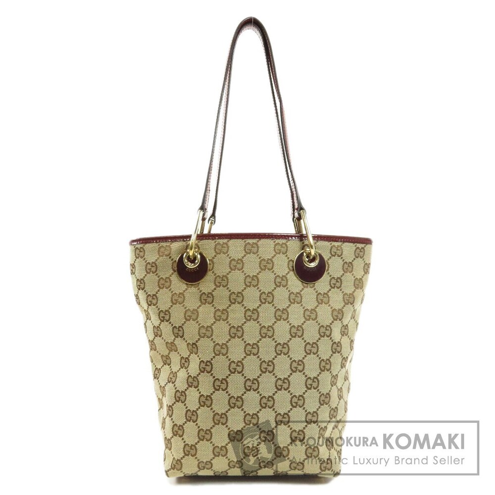 Gucci GG Canvas Eclipse Tote Bag burgundy leather trim Beige